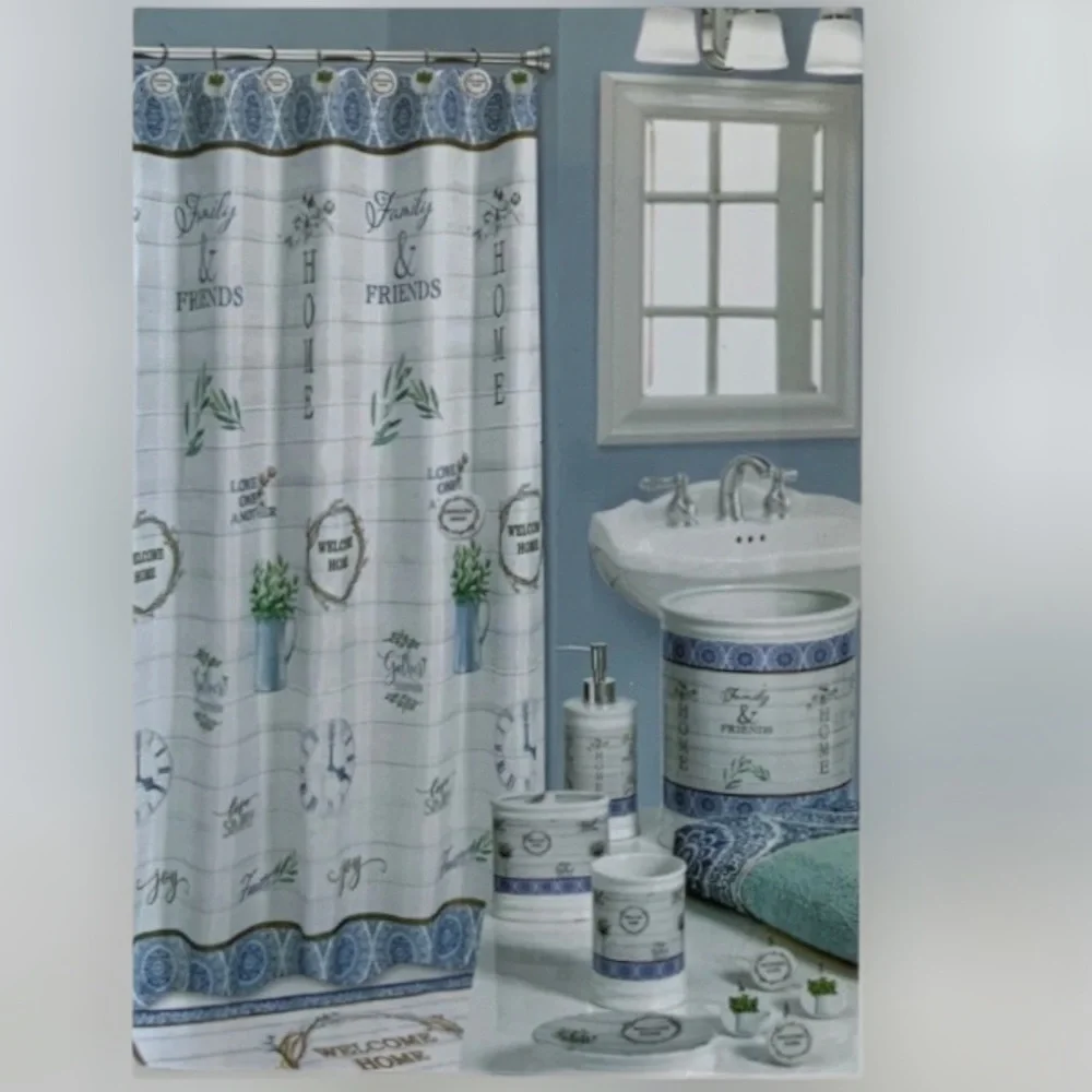 Modern Farmhouse Fabric Shower Curtain White Blue Multicolor 72 in X 72 in
